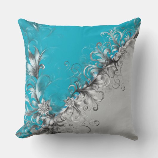 Modern Grey and Turquoise Decorative Silver Pillow クッション (正面)