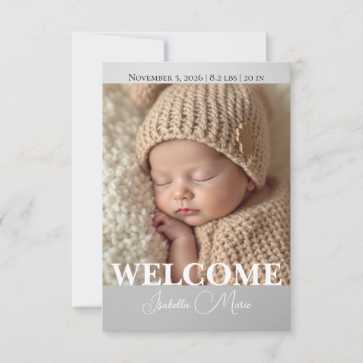  Modern Grey and White Photo Birth Announcement サンキューカード (正面)