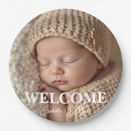  Modern Grey and White Photo Birth Announcement ペーパープレート (正面)