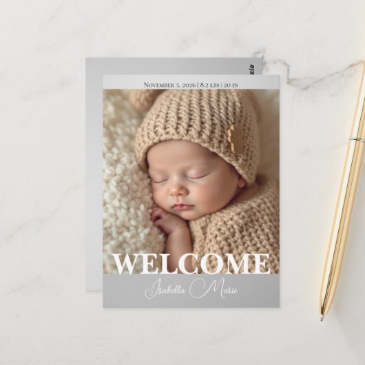 Modern Grey and White Photo Birth Announcement ポストカード (正面/裏面インサイチュ)