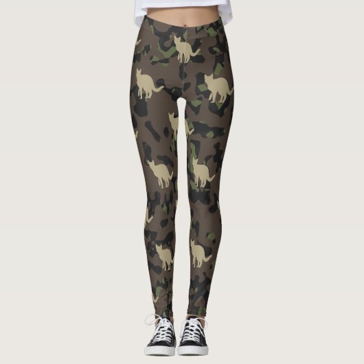Modern Grey Brown Green Cats Camouflage Pattern レギンス (正面)