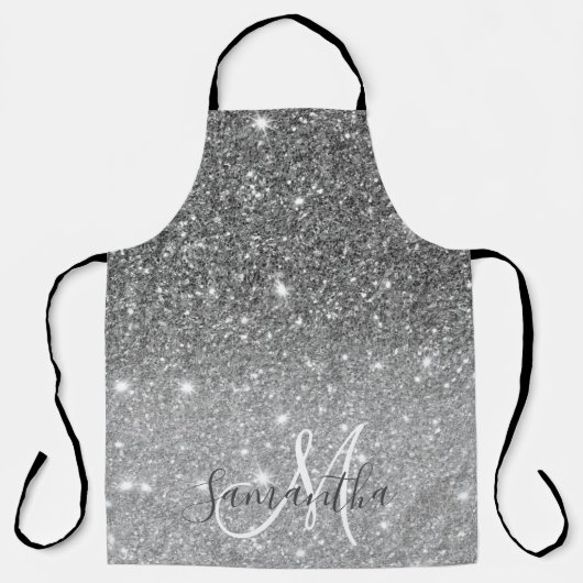 Modern Grey Glitter Sparkles Personalized Name エプロン (正面)