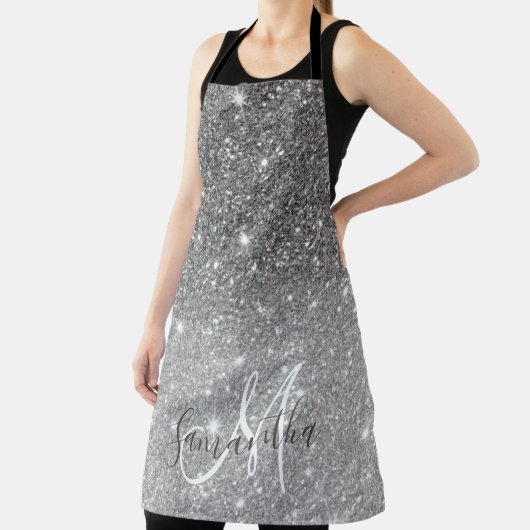 Modern Grey Glitter Sparkles Personalized Name エプロン (インサイチュ)
