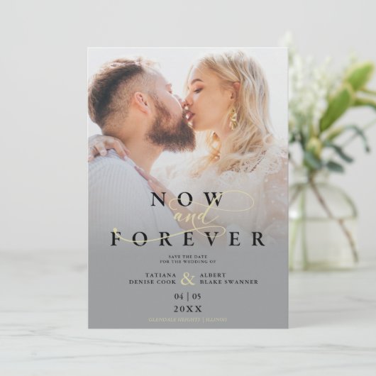 Modern Grey Gradient Elegant Photo Script Wedding セーブザデート (スタンド正面)