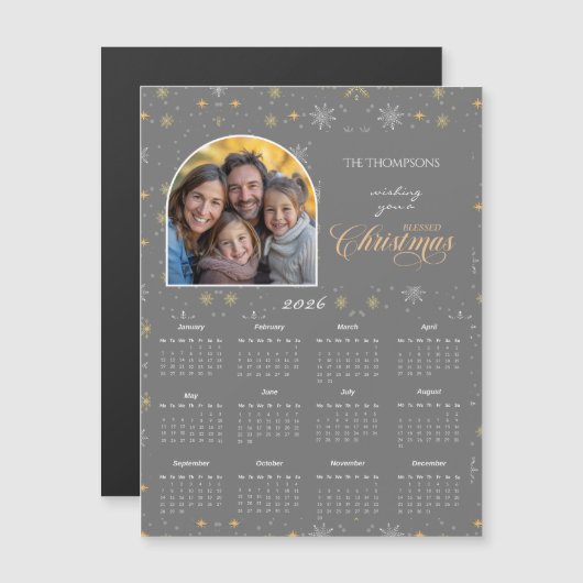 Modern Grey Snowflake Photo 2026 Calendar Card (正面/裏面)