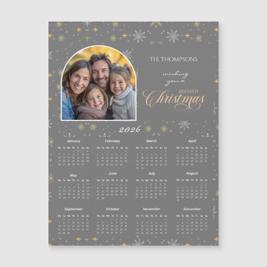 Modern Grey Snowflake Photo 2026 Calendar Card (正面)