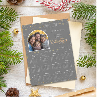 Modern Grey Snowflake Photo 2026 Calendar Card