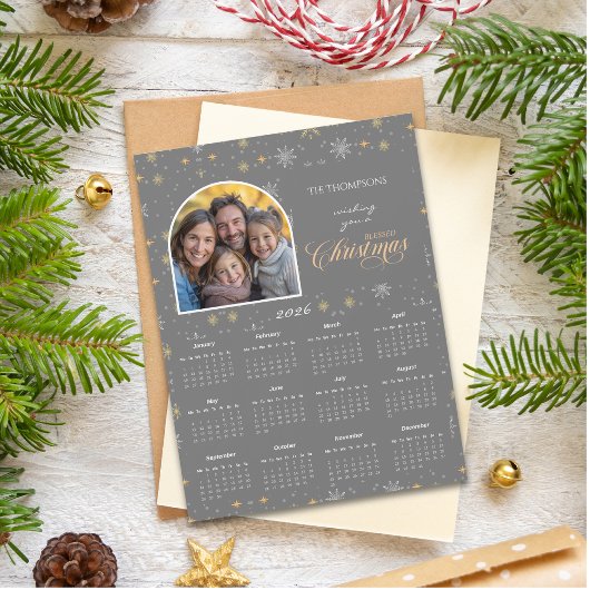 Modern Grey Snowflake Photo 2026 Calendar Card