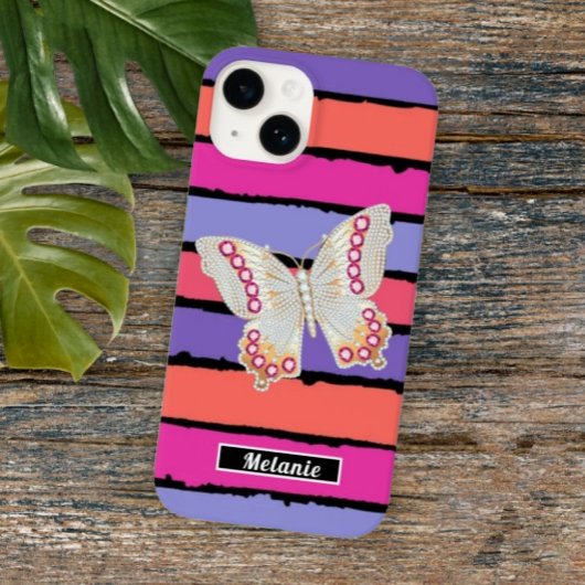 Modern groovy stripes monogrammed butterfly retro  Case-Mate iPhoneケース