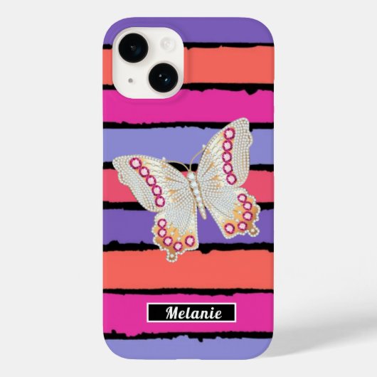 Modern groovy stripes monogrammed butterfly retro  Case-Mate iPhoneケース (裏面)