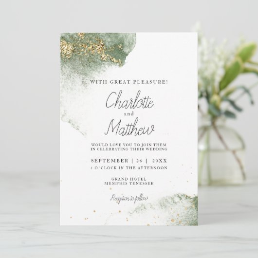 Modern Grün Gold ( Imitat) Watercolour Kleckse 招待状 (スタンド正面)