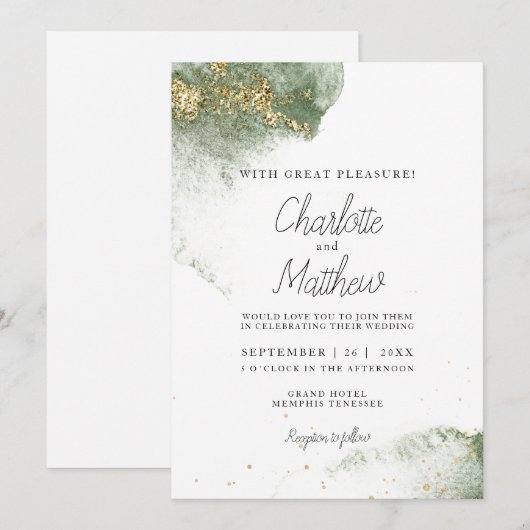 Modern Grün Gold ( Imitat) Watercolour Kleckse 招待状 (正面/裏面)