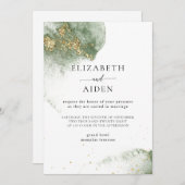 Modern Grün Gold ( Imitat) Watercolour Kleckse 招待状 (正面/裏面)