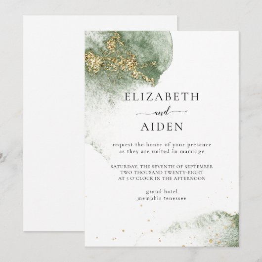 Modern Grün Gold ( Imitat) Watercolour Kleckse 招待状 (正面/裏面)
