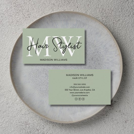 Modern Hair Stylist Monogram Sage Green  名刺