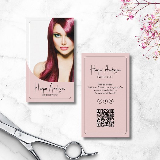 Modern Hair Stylist Salon Photo QR Pink 名刺