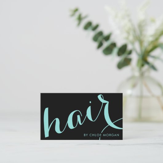 Modern hair stylist script black and blue 名刺 (スタンド正面)