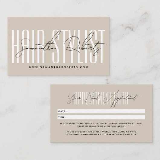 Modern hair stylist script typography beige 予約カード (正面/裏面)
