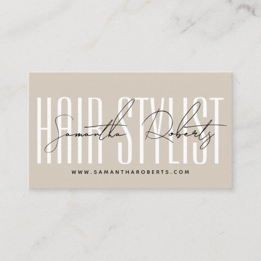 Modern hair stylist script typography beige 予約カード (正面)