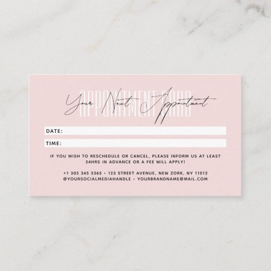 Modern hair stylist script typography blush pink 予約カード (裏面)