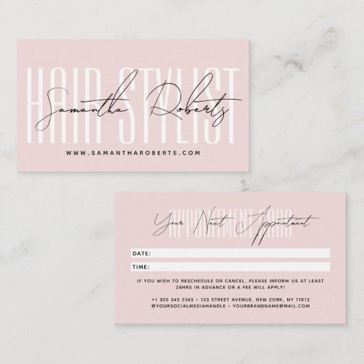 Modern hair stylist script typography blush pink 予約カード (正面/裏面)