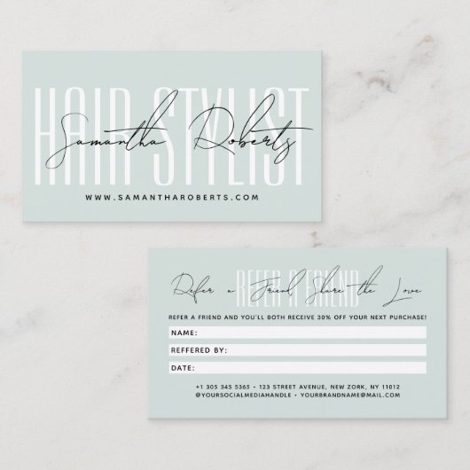 Modern hair stylist script typography customer 紹介カード (正面/裏面)