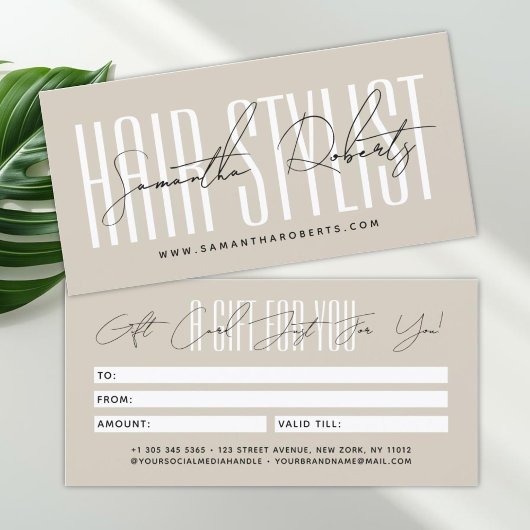 Modern hair stylist script typography gift card