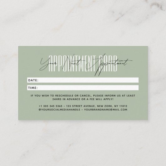 Modern hair stylist script typography sage green 予約カード (裏面)