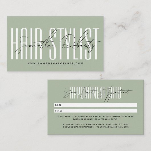 Modern hair stylist script typography sage green 予約カード (正面/裏面)