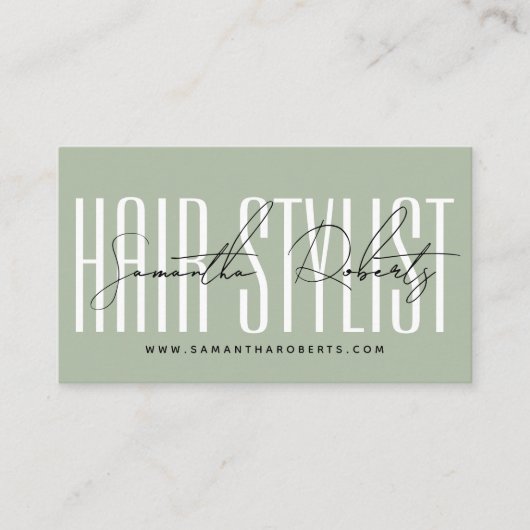 Modern hair stylist script typography sage green 予約カード (正面)