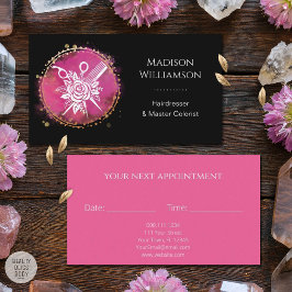 Modern Hairdresser Stylist Scissors Comb Pink Chic 予約カード