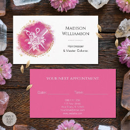 Modern Hairdresser Stylist Scissors Comb Pink Chic 予約カード