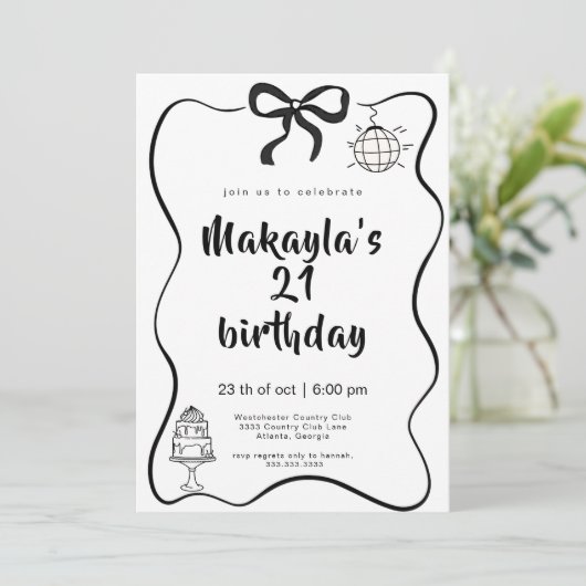 Modern Hand-Drawn Black Bow 21th Birthday 招待状 (スタンド正面)