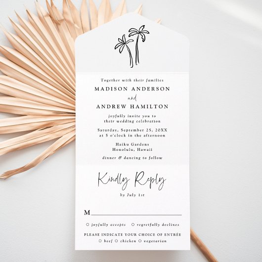 Modern Hand-Drawn Black Palm Trees Wedding オールインワン招待状