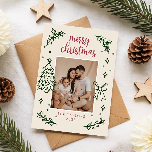 Modern Hand Drawn Botanical Family Photo Christmas シーズンカード