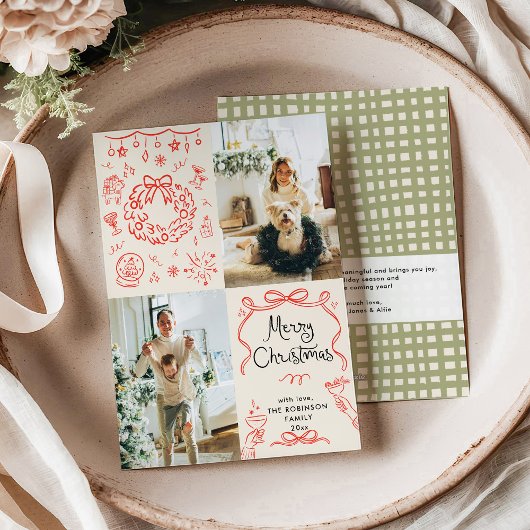 Modern Hand Drawn Bows Boho Merry Christmas Photo シーズンカード