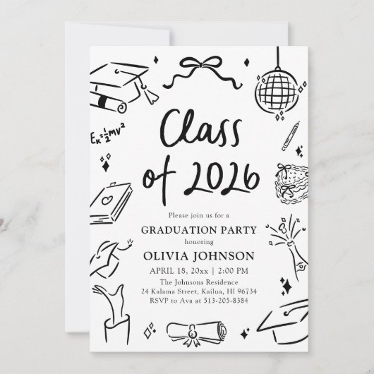 Modern Hand Drawn Class of 2026 Graduation Party 招待状 (正面)