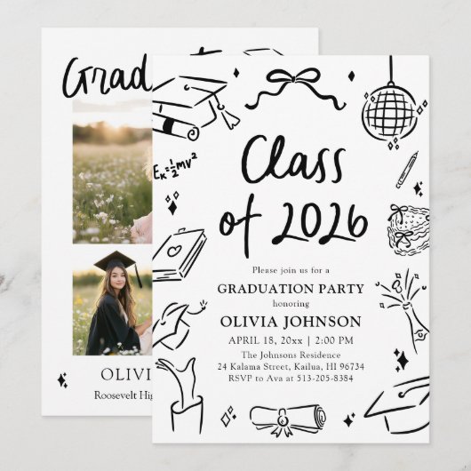 Modern Hand Drawn Class of 2026 Graduation Party 招待状 (正面/裏面)