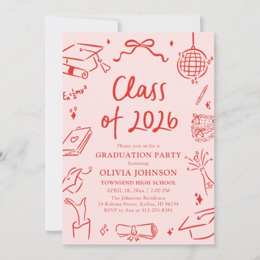 Modern Hand Drawn Class of 2026 Graduation Party 招待状 (正面)
