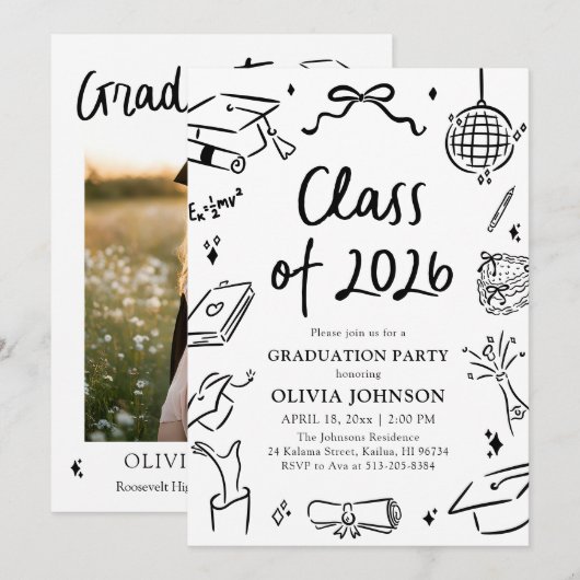 Modern Hand Drawn Class of 2026 Graduation Party 招待状 (正面/裏面)