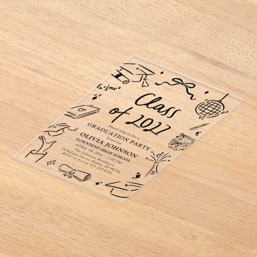 Modern Hand Drawn Class of 2027 Graduation Party アクリル招待状 (レイダウン)