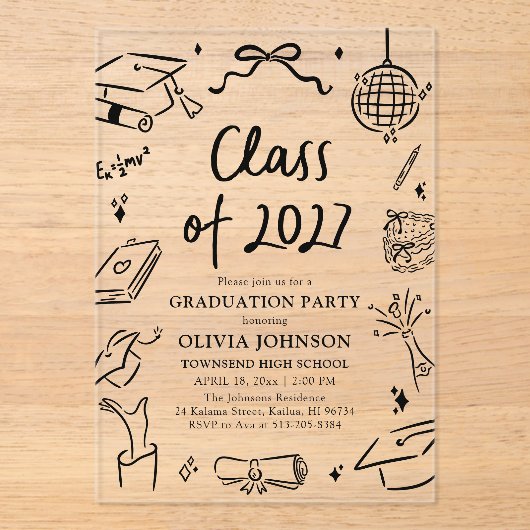 Modern Hand Drawn Class of 2027 Graduation Party アクリル招待状 (正面)