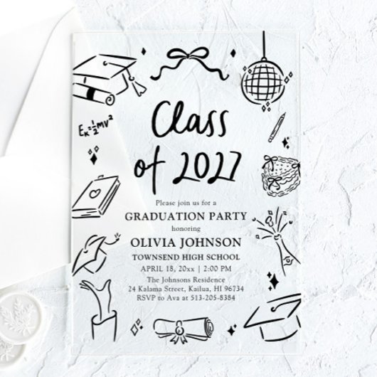 Modern Hand Drawn Class of 2027 Graduation Party アクリル招待状
