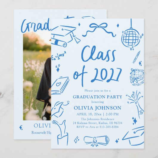 Modern Hand Drawn Class of 2027 Graduation Party 招待状 (正面/裏面)