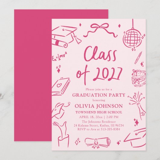 Modern Hand Drawn Class of 2027 Graduation Party 招待状 (正面/裏面)