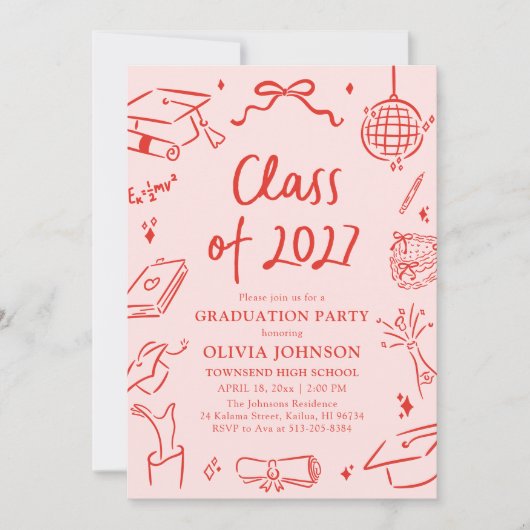 Modern Hand Drawn Class of 2027 Graduation Party 招待状 (正面)