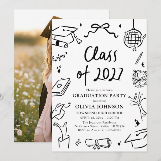 Modern Hand Drawn Class of 2027 Graduation Party 招待状 (正面/裏面)