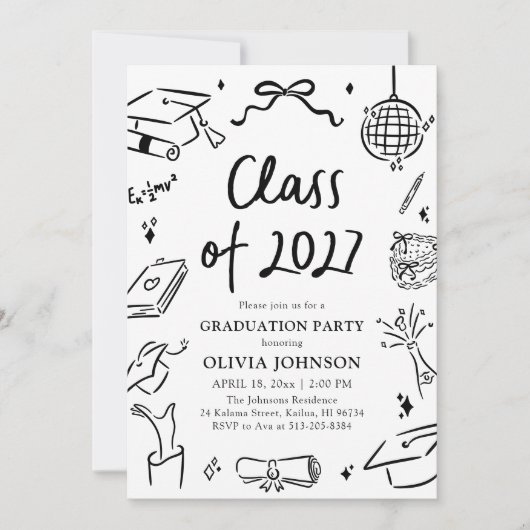 Modern Hand Drawn Class of 2027 Graduation Party 招待状 (正面)
