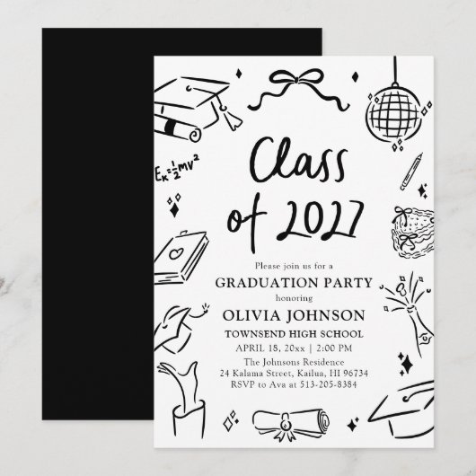 Modern Hand Drawn Class of 2027 Graduation Party 招待状 (正面/裏面)