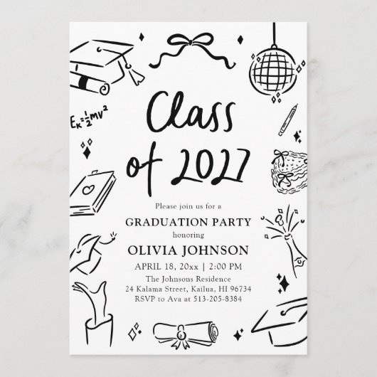 Modern Hand Drawn Class of 2027 Graduation Party 招待状 (正面)